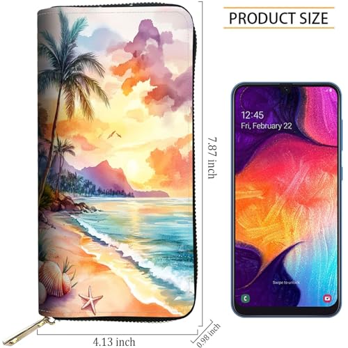Image of RFID Blocking Leather Wallet for Women - Large Capacity Zip Around Clutch with 8 Card Slots,31 Cash Pockets & Coin Zipper,Sunset Beach