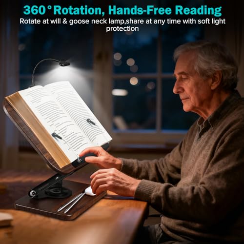 Image of Book Stand with Light & Storage, Book Holders for Reading Hands Free, Wooden Cookbook Stand with Adjustable Height & 360 Angle for Recipe,Magazine,Laptop,Tablet, Bible