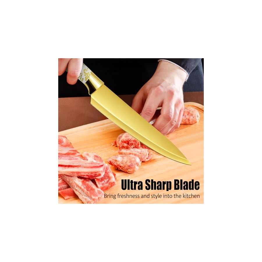 Knife-Block-Set-Gold-Sharp-Knives-with-Acrylic-Block-Stainless-Steel-Kitchen-Knife-Set-with-Serrated-Steak-Knife-Chef-Knife-Bread-Knife-Scissors-Sharpener-14Pcs-Professional-Knife-Set-for-gift Knife Block Set, Gold Sharp Knives with Acrylic Block, Stainless Steel Kitchen Knife Set with Serrated Steak Knife, Chef Knife, Bread Knife, Scissors, Sharpener, 14Pcs Professional Knife Set for gift