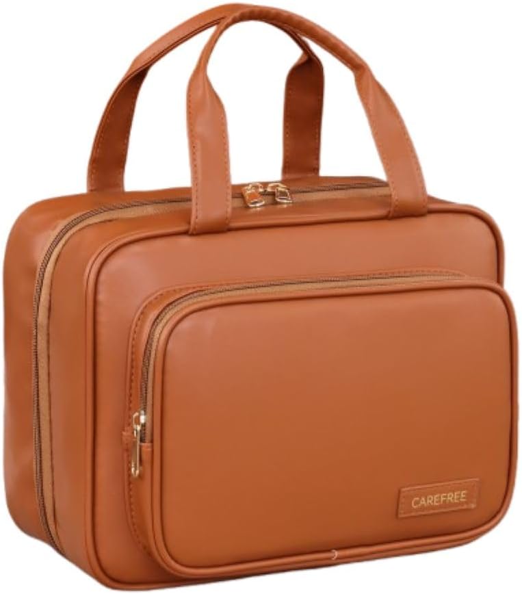 Waterproof Leather Toiletry Bag for Women, Hanging Travel Toiletry Bag with Hanging Hook, Large Travel Makeup Bag Cosmetic Organizer for Toiletries, Bathroom Shower, Makeup Accessories (Brown)