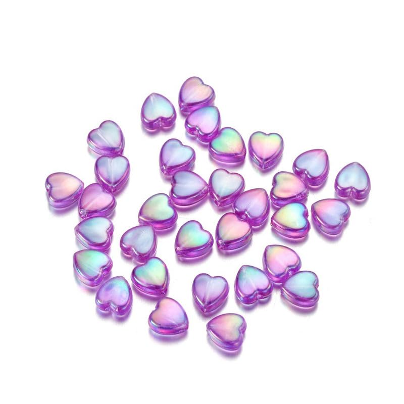 100PCS Pearlescent Acrylic Heart Shape Beads Purple 9MM Loose Heart Charm Beads for DIY Craft Beading