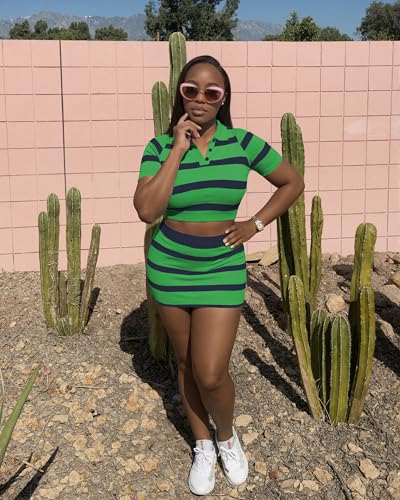 Image of HBQ Women's Casual 2 Piece Skirt Sets Polo Collar Crop Top Striped Mini Dress Summer Vacation-Stripe