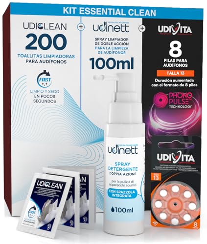 8 Pilas para Audífonos Tamaño 13 PR48 (Naranja) + Spray Limpiador con Cepillo Integrado Udinett Fórmula Delicada 100ml + 200 Toallitas Limpiadoras Udiclean Tamaño de Bolsillo - Kit Essential Clean