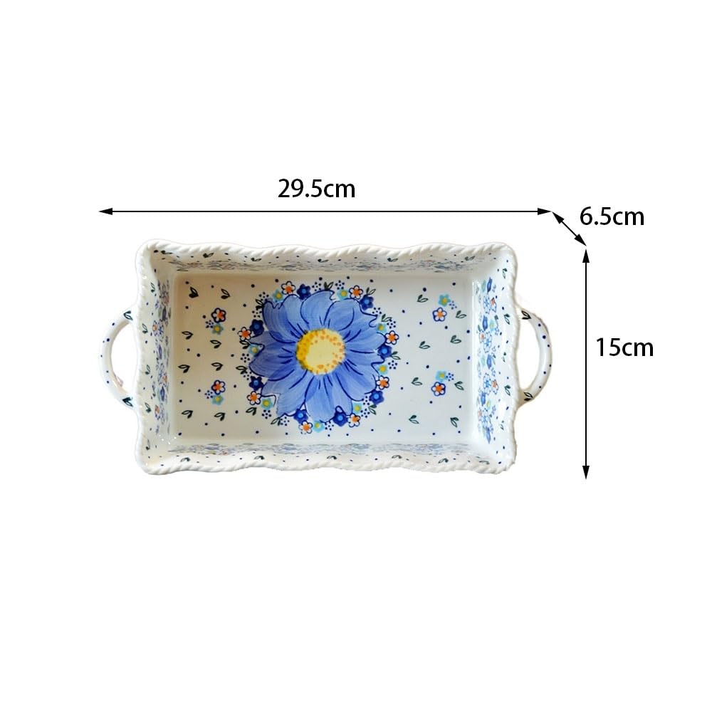 Fuente De Horno Bandeja de cerámica for hornear con dos asas, bordes curvos, textura floral, tazón for postre, vajilla cuadrada