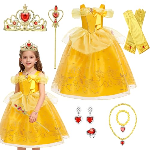 Chingcoo Prinzessin Kleid Belle Kostüm Mädchen mit Krone und Zauberstab Karneval Kostüm Kinder für Geburtstag & Party (Gelb 120)
