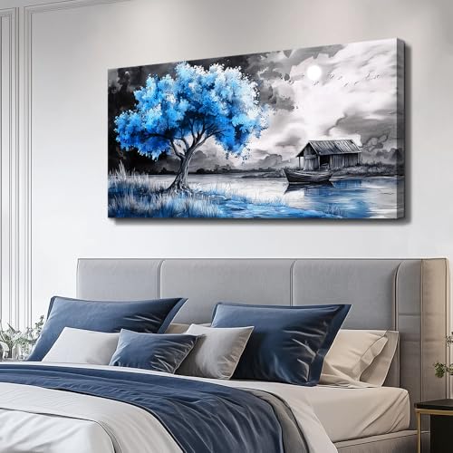 PHAOHUAXM large Wall Art For Living Room Bedroom Wall Decor Black White Scenery And Blue Trees Wall Painting Modern Home Decoration For Room Office Restaurant Canvas Art Prints Home Decor 20x40 In