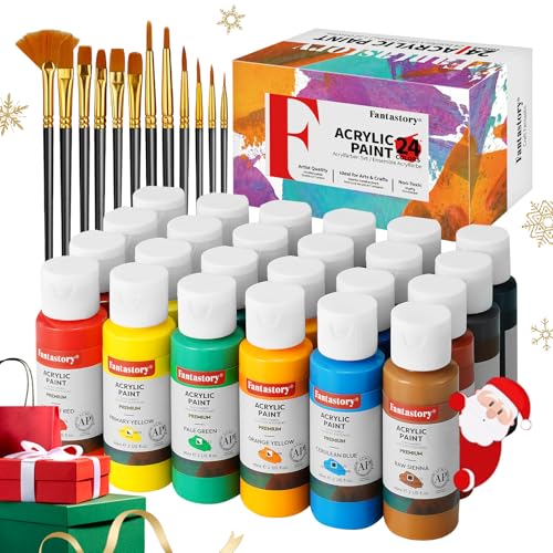 Fantastory Pinturas Acrilicas 24×60ml, 12 pinceles; acrylic paint;Resistente al agua,resistente a la luz,no tóxico;Para manualidades,lienzos,madera,cerámica;principiantes,estudiantes[SerieEquilibrada]