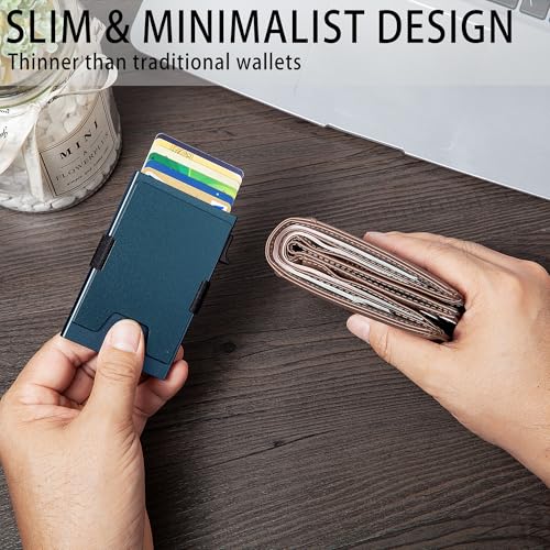 Image of Minimalist Mens Card Holder Wallet, RFID Blocking Slim Smart Pop Up Aluminum Wallet,Holds 12+ Cards,Expandable Compact Plate,Cash Strap /Money Clip (Navy Blue)