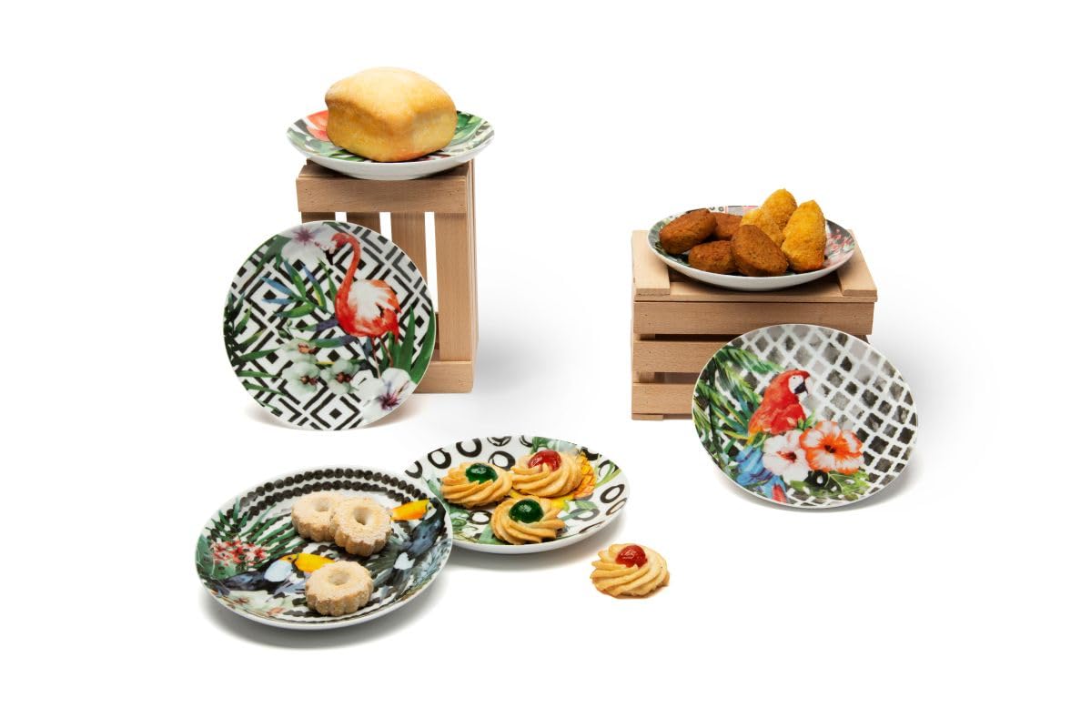 Excelsa Tropical Chic Set 6 Piattini in Porcellana per Aperitivo e Dessert, Decorazioni Tropicali