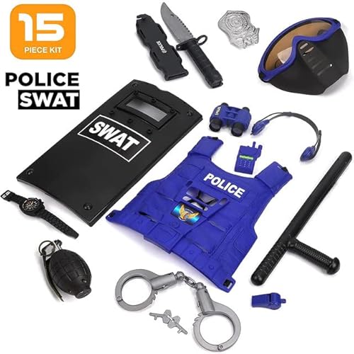 Ultimate All-In-One Kids Police Role Play Toy Kit - 15-Piece Policeman Pretend Play Set - Swat Costume Accessories For Dress Up And Kids Costumes - Badge, Shield, Vest, Handcuffs Included #TOP6