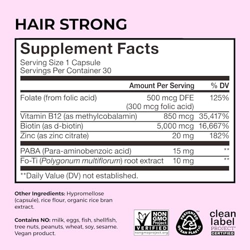 HUM Hair Strong Daily Hair Growth Supplement with Biotin, Zinc, Vitamin B12 to Support Growth, Folic Acid & Vitamin B12 Vitamins for Healthy Hair Support for Women and Men, 30 Vegan Capsules - Image 6