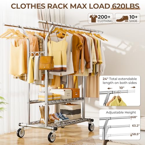 Hyseyy YS-K 1301S Heavy Duty Clothes Rack, Rolling Clothing Rack With Shelves Load 620 Lbs, Double Rod Clothing Racks For Hanging Clothes, Portable& Adjustable Clothes Rack With Wheels Garment Rack thumb #1