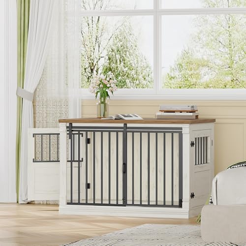 HEXCELEN 101cm Hundekäfig-Möbel, Hundebox Holz, Hundebox für Zuhause mit 3 Türen, Schiebetüren, für Kleine, Mittlere, Große Hunde, Robuster, Beistelltisch, 101 × 60,5 × 70 cm, Weiß Braun