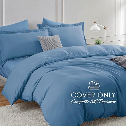 Image of Hearth & Harbor Blue Heaven Duvet Cover with Fitted Sheet Full Size | 4 Piece Soft Double Brushed Bedding Set, Button Closure, 1 Duvet Cover 80x90 Inches, 1 Fitted Sheet, 2 Pillow Shams