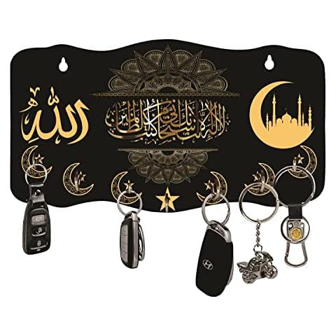 Harmoso Allah Hand Painted Wooden Key Holder for Home_Office_Door and_ for Gifting_No. of Hooks-7, (Size - 26.5cm x 19cm) Multicolor Cover