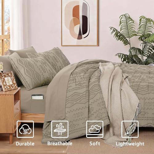 Image of King Size Comforter Set- 7 Pieces Tufted Bed in a Bag King Bedding Sets | All Season Shabby Chic Boho Bedding with Comforter, Sheets, Pillowcases & Shams, Khaki