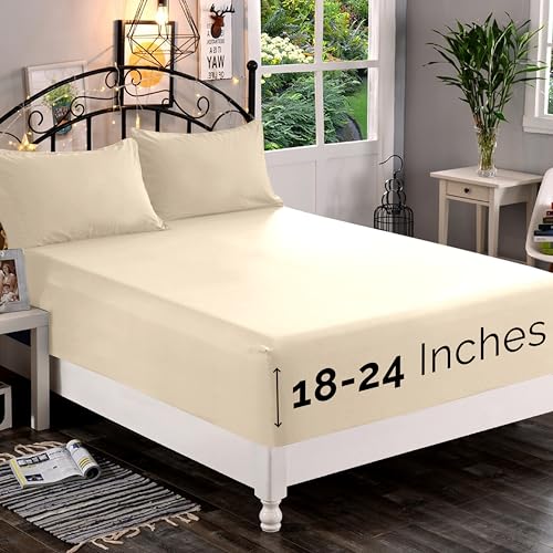 Elegant Comfort 1500 Premium Quality Fitted Sheet Ultra Soft 18-24 Inch Extra Deep Pocket - Single Fitted Sheet for High Mattress - Wrinkle Free with Smart Storage Pockets, Full, Cream