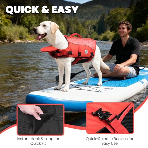 Image of VIVAGLORY Dog Life Vest Front Float Dog Swim Vest, XS, Red | Life Jacket with Chin Float & Handle for Swimming & Boating, High Visibility Adjustable for Doggy Cat Puppy
