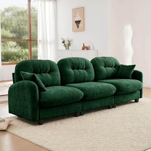 Image of KEIKI 107 inch Oversized Chenille Modular Sectional Sofa with High-Density Foam Cushion and Tufted Pleated Cushion Backrest, Upholstered Modern 3-Seater Cloud Couch with 2 Pillow, for Living Room, Green
