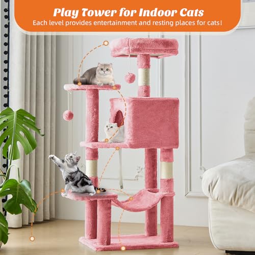 Image of Sweetcrispy 44 Inch Cats Tree Tower, Cat Climbing Tower with Natural Sisal Scratching Posts, Hammock, Pet Condo for Indoor Cats and Kittens Play, Pink