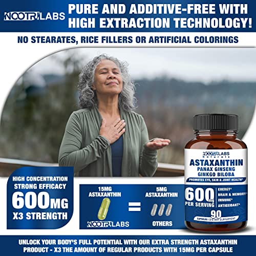 Astaxanthin 15Mg + Panax Ginseng, Ginkgo Biloba Supplements, 90 Vegan Capsules, Promotes Eye, Skin, Joint Health Energy, Cardiovascular Support + Immune Defense, Focus, Memory And Mental Performance #TOP4