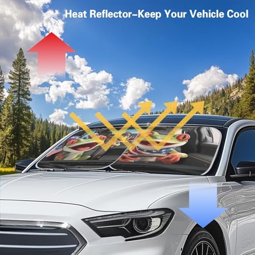 Image of Frog Driving Car Windshield Sun Shade Independence Day Front Windshield Shade for Sun 2-Piece Independence Day Foldable Car Windshield Sun Shade Automotive Protector