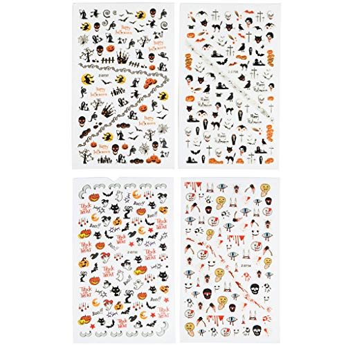 Fanme Halloween Nail Stickers 3D Nail Art Tattoo Decals DIY Nail Art Decoration Self-Adhesive Tip Stickers 4Sheets (Halloween)
