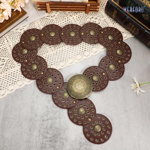 Image of WERFORU Women Wide Western Disc Belt Cowgirl Boho Leather Belt for Jeans Dress