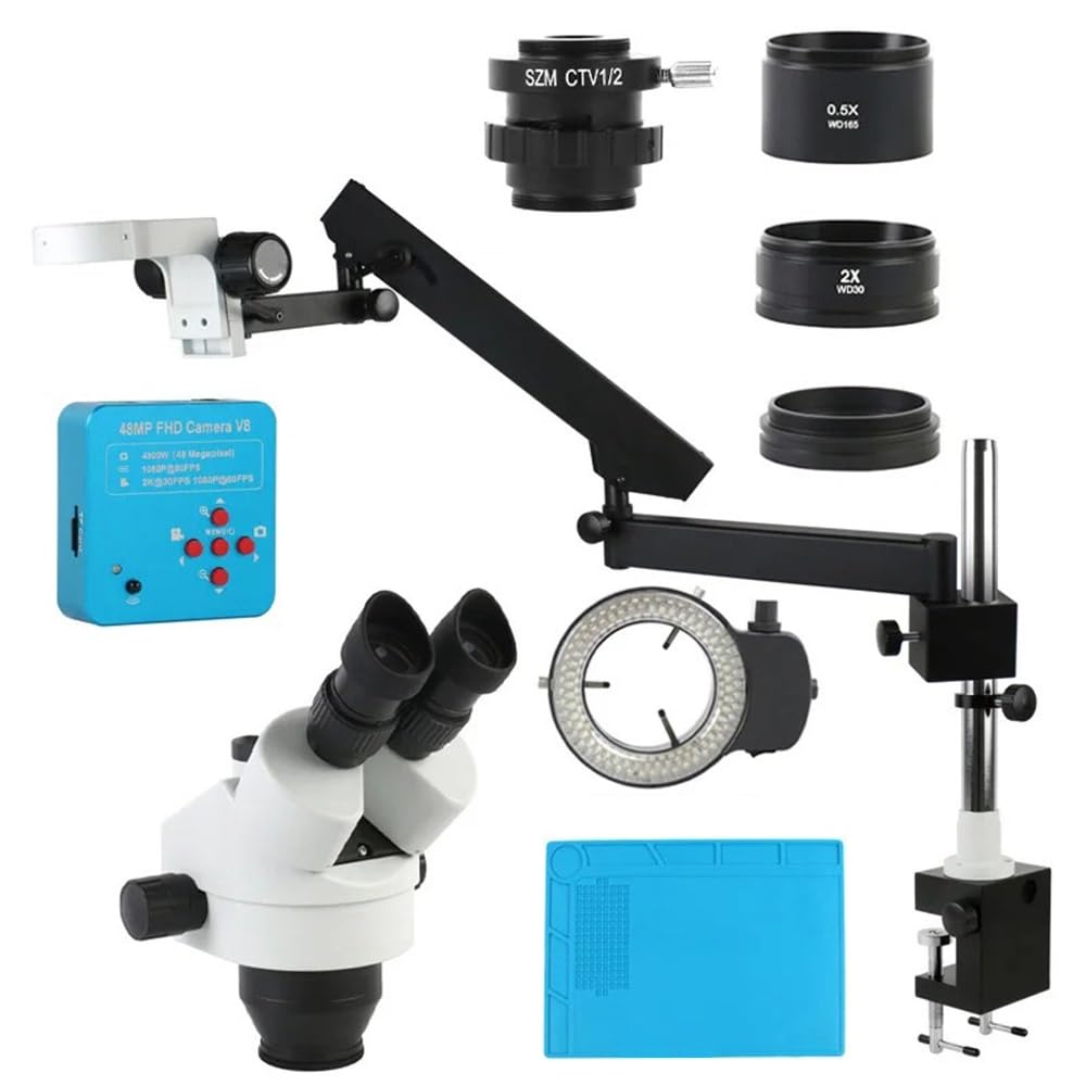 Microscopio Microscopio estéreo trinocular parfocal con Brazo articulado, Soporte de Abrazadera, cámara de vídeo USB, HDMI, 2K, 48 MP, Tipo C, Columna de 32 mm, Enfoque simultáneo, Zoom de 3,5 X a 90