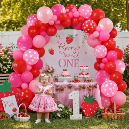 Image of TONIFUL 100 Pack Red Pink Polka Dot Latex Balloons - Sweet Berry Theme Balloon for Birthday Bridal Baby Shower Wedding Bachelorette Sweet 16 Party Decorations