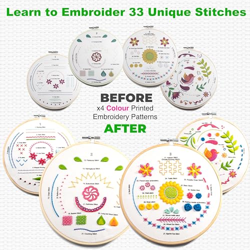 Azenera Beginner Embroidery Kit (4 Pack) Learn 33 Stitches with Easy DIY Video Tutorials, Coloured Design Patterns, Thread Floss, Cross Stitch Hoop, Gift (AZA100)