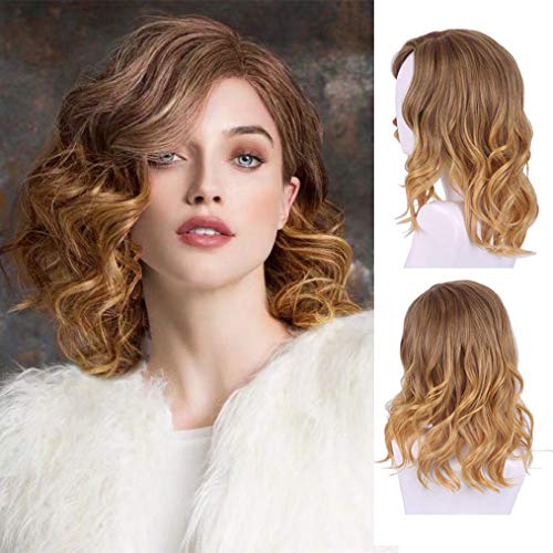 Sallcks Short Wavy Wig Curly Ombre Blonde Synthetic Heat Resistant Replacement Wigs for Daily Costume Halloween