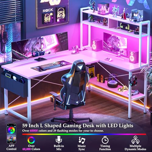 Image of Aheaplus L Shaped Desk Gaming Desk, 59 inch L Shaped Computer Desk with LED Light & Power Outlet, Reversible Home Office Desk Gamer Desks with Shelves & Storage Bag & Hooks, Corner PC Desk, Pink