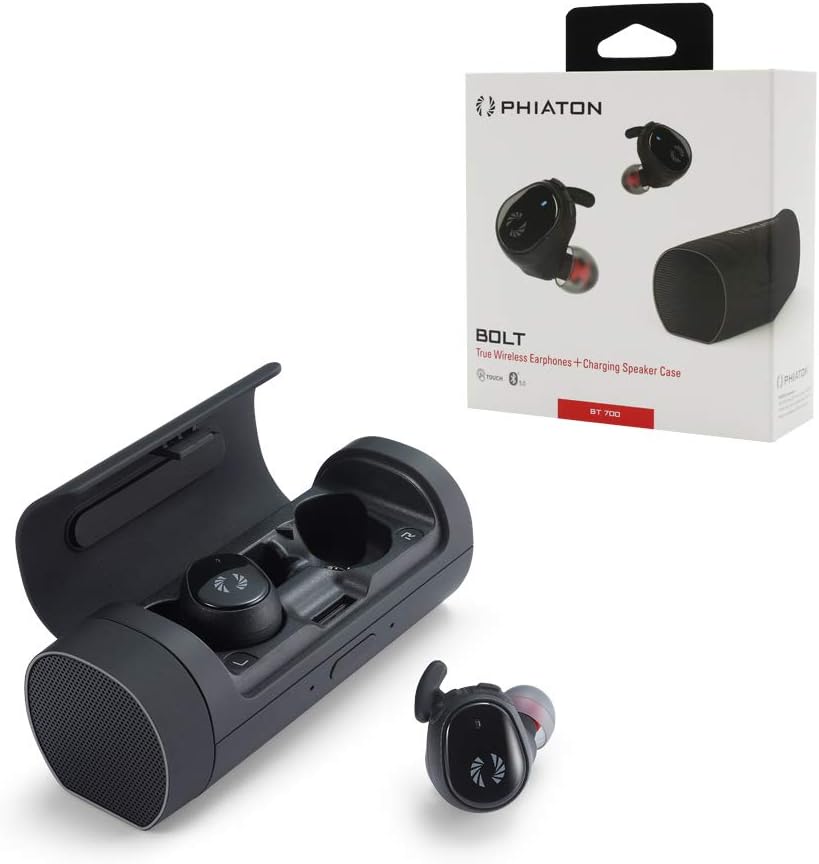 Phiaton Bolt BT 700 Bluetooth Earphones, True Wireless Earbuds with a Charging Speaker Case, Noise Reduction Earbuds, Stereo Sound, Dual MEMS Mic, Voice Command, 20 Hrs. Playtime, Black