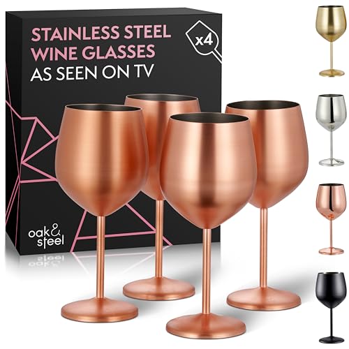 Oak & Steel - 4 Elegant Large Wine Glasses in Copper Rose Gold, 540ml - Unbreakable Glass Gift Set for Home Bar, Wedding, Anniversary, Birthday Party
