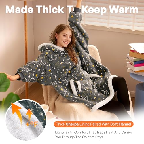 Image of Giggling Getup Wearable Blanket Hoodie for Adults Gifts for Teen Girls Sister Women Sherpa Fleece Printed Hooded Blanket Sweatshirt Warm Cozy with Pocket & Sleeves Grey Glowing Stars