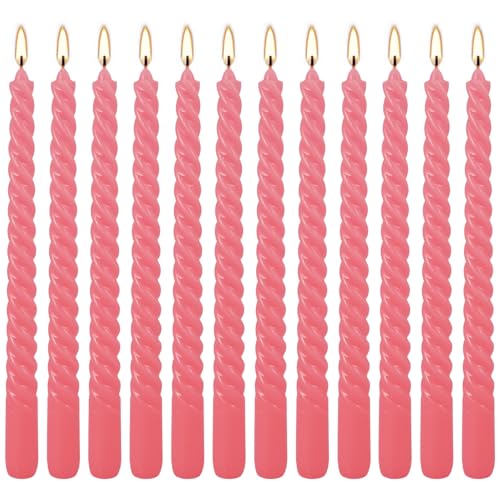12-Pack Pink Spiral Taper Candles – 10 Inch Elegant Dripless & 10-Hour Burn – Long-Lasting Decorative Candles for Weddings, Birthdays, Parties, Church, Home Decor & Romantic Dinners