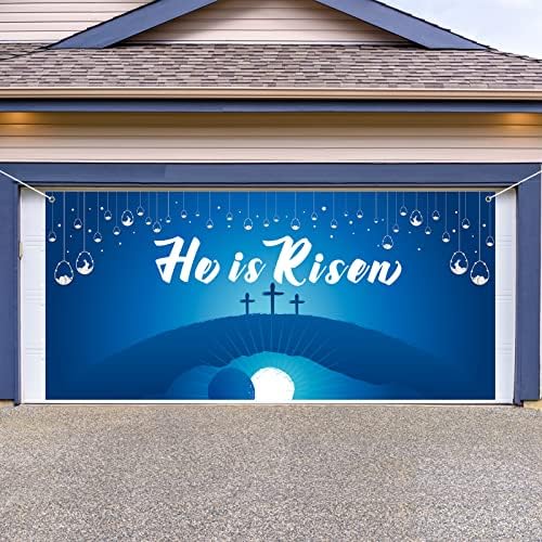 Roetyce Happy Easter Garage Door Decorations, Extra Large Blue He is Risen Garage Door Banner Backdrop Cover 6 x 13Ft, Easter Decor Yard Outdoor/Indoor Party Supplies Photography Background Decoration