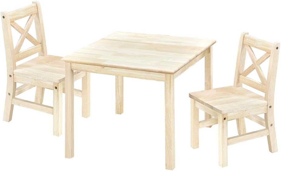eHemco Solid Hard Wood Kids Table and Chair Set (2 Chairs Included), Unfinished, 3 Piece Set