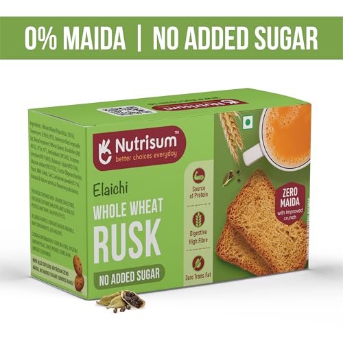Image of Nutrisum Whole Wheat Rusk | No Maida, No Added Sugar | High Fiber Atta Toast | Crispy Elaichi(Cardamom) Tea Toast | Healthy Rusk for Breakfast & Chai Snack | 90g (Pack of 1)