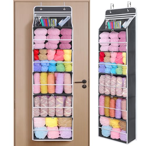 Image of Univivi Hanging Yarn Storage Organizer with 6 Zipper Closure Compartments, Large Capacity Knitting Organizer Storage, Over The Door Hanging Yarn Holder for Knitting Needles, Crochet Hooks (Dark Grey)