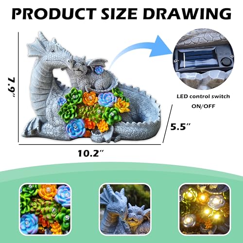 RCTTICUU Solar Dragon Garden Statues Outdoor Decor, Resin Dragon Figurine with Succulent and 6 LED Lights Lawn Patio Balcony Art Decoration,Housewarming Birthday Gifts for Grandma Mom Women by RCTTICUU - Used condition - Image 2