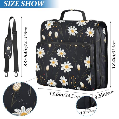 Image of 3 Ring Zipper Binder with Shoulder Strap White Daisy Flower Black 1.5 inch Binders Keeper Large Capacity Multi Pockets for School Office Supplies