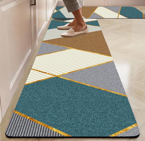 Image of ishro home Polyester Premium Rectangular Kitchen Mats For Floor Anti Slip | Machine-Washable |Waterproof| 2 Pcs Set| (18 X 55 + 18 X28 Inches) (Aurora)