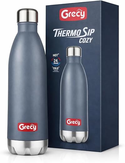 Grecy Cozy 1 Litre Thermosteel Water Bottle Grey | 24 Hrs Hot & Cold Flask | ISI Certified | SS 304 Double Wall Vacuum Ins...