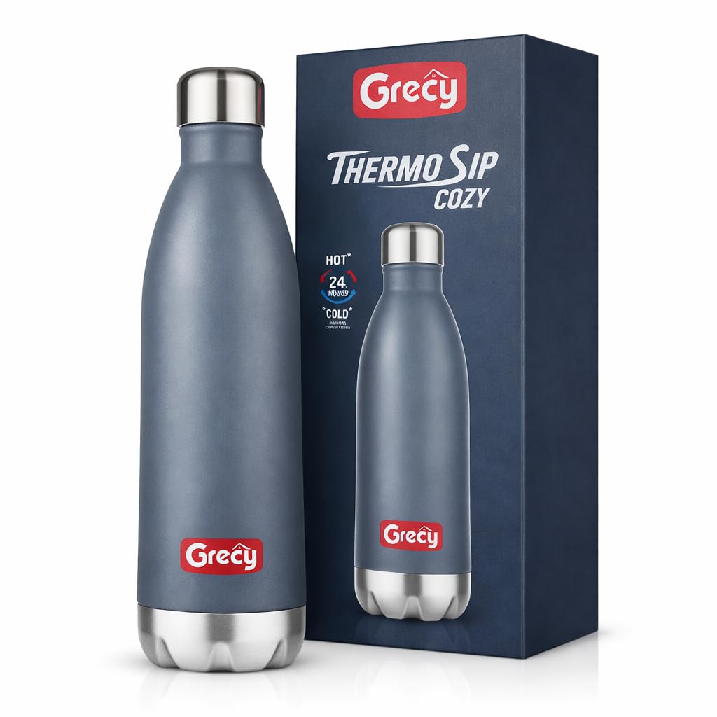 Grecy Cozy 500ml Thermosteel Water Bottle Grey | 24 Hrs Hot & Cold Flask | ISI Certified | SS 304 Double Wall Vacuum Insul...