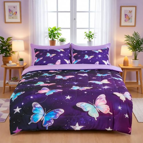 Image of Twin Comforter Set for Girls 5 Piece Purple Butterfly Bedding Set for Girls Super Soft Microfiber Bed Set Bed in a Bag with Comforter Sheets Pillowcase & Sham (5 Piece Twin Size)