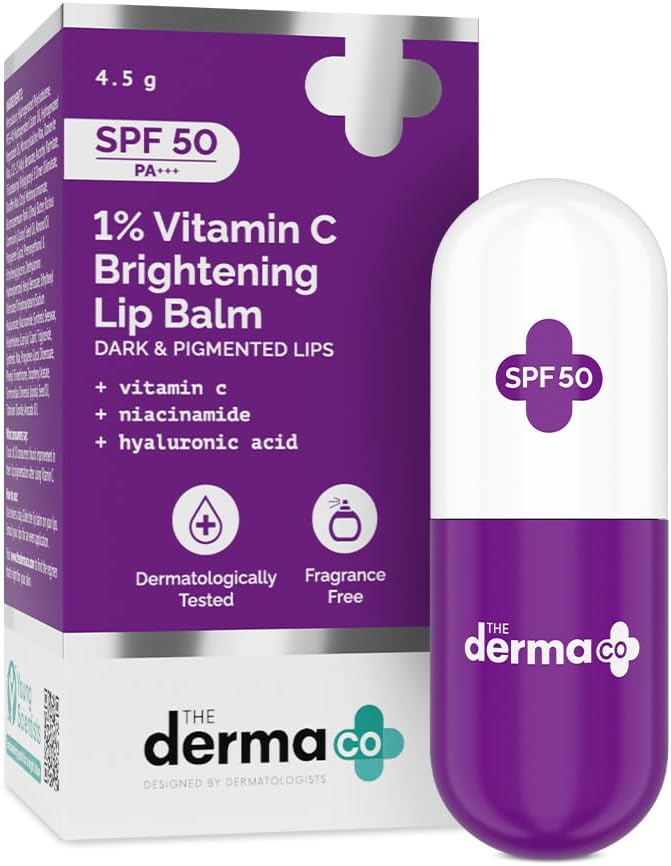 The Derma Co 1% Vitamin C Brightening Lip Balm with SPF 50 PA +++ I With Niacinamide & Hyaluronic Acid Reduce Lip Pigmentation Protects From Sun Damage For Dark, Pigmented, Dry Lips 4.5g