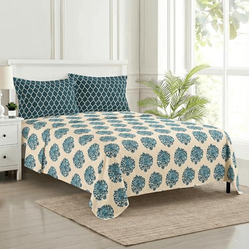 Image of Trance Home Linen 200TC 100% Cotton King Size Printed Bedsheet | Bedding Set of King Size Flat Bed Cover with 2 Pillow Covers (108x108 inch | 9ft x 9ft - Damask & Dori - Blue)