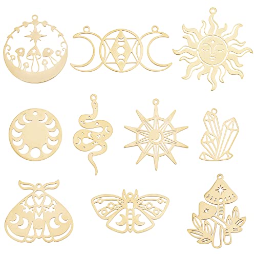 SUNNYCLUE 1 Box 20Pcs Real 18K Gold Plated Tarot Style Sun Charms Triple Goddess Moon Charm Mushroom Moon Phase Hollow Resin Frame Crystal Stone Butterfly Charms for jewellery Making Charm DIY Craft